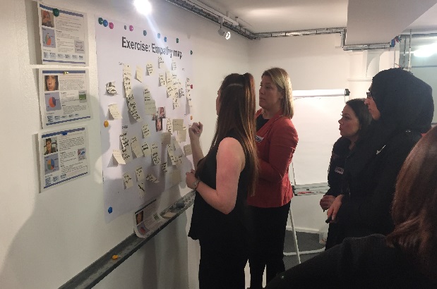 A provider workshop with 4 people using post-it notes to create an empathy map on a wall 