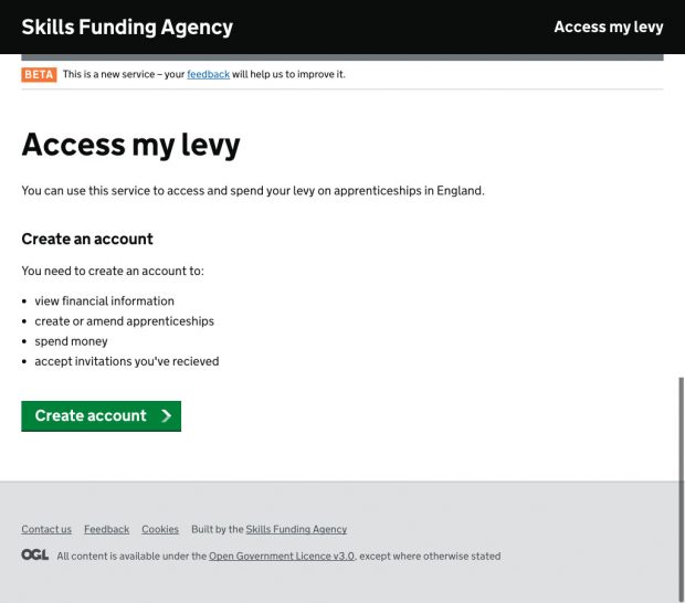 An image of the Access my levy landing page. Employers will need to create an account to view financial information, create or amend apprenticeships, spend money, accept invitations they've received