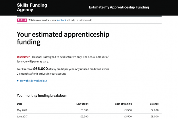 Estimate my apprenticeship funding example of monthly funding breakdown. Monthly funding breakdown includes the date, levy credit, cost of training and balance