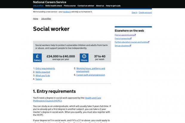 A screenshot from the National Careers Service webpage showing an example of a Social Worker job role