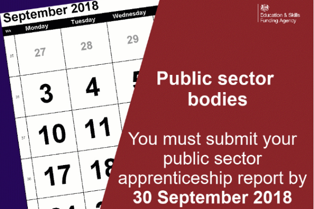 September 2018 calendar with text saying public sector bodies you must submit your public sector apprenticeship report by 30 September 2018