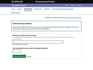 Screenshot from GOV.UK displaying the manage apprenticeships recruitment page 