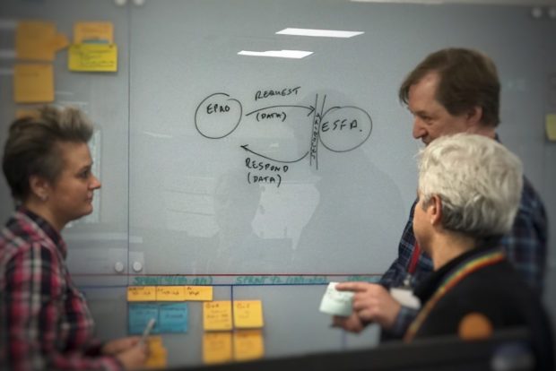 A Product Manager and two of her team discussing the launch of the API in front of a whiteboard 