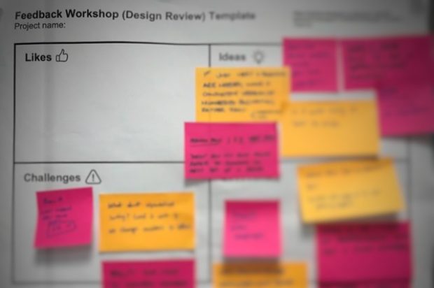 Template used during a design crit feedback workshop. Shows four sections: likes, ideas, challenges and questions, and post-it notes in each section. Blurred text.