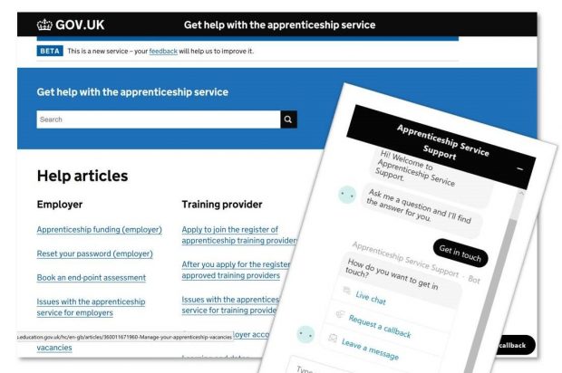 Screenshot of the GOV.UK homepage for get help with the apprenticeship service, showing links to employer and training provider help articles.