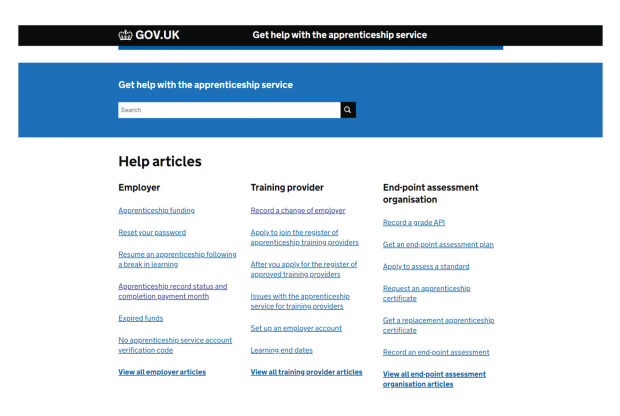 Screenshot of the get help with the apprenticeship service webpage from GOV.UK