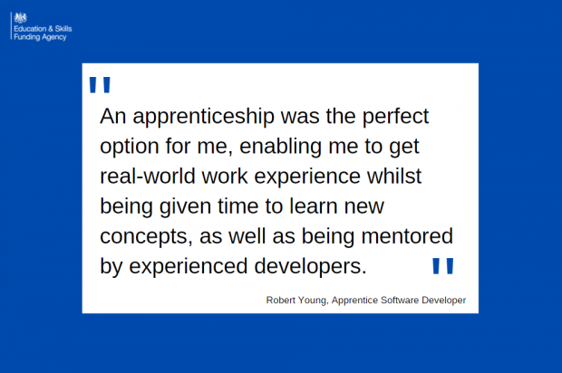 Direct quote from the blog reading an apprenticeship was the perfect option for me, enabling me to get real-world work experience whilst being given time to learn new concepts, as well as being mentored by experienced developers. 