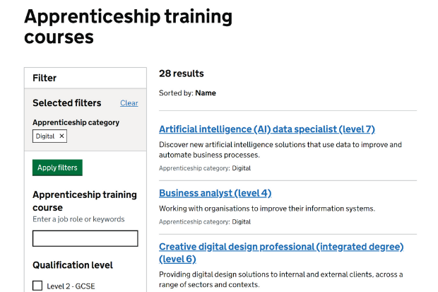 Employers are able to search for appropriate training courses and training providers as part of the Find Apprenticeship Training service. An example of a search inputted into FAT. The GOV.UK webpage displays a filter section. This demo shows a search for ‘digital’ apprenticeships. There is then a list of apprenticeships that are available displayed, varying in course levels and titles.